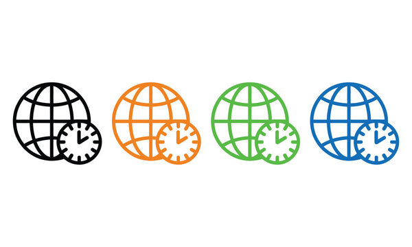 World globe with clock icon set in different colors