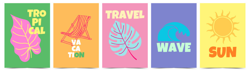 Fototapeta premium Summer travel poster set with tropical leaves, sun and beach wave in funky retro style. Printable wall art for vacation decor, greeting card and coastal home decoration. Vector illustration