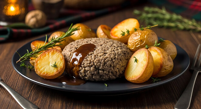 Salisbury steak rests on a dark ceramic plate with golden roasted potatoes and fresh rosemary sprigs.