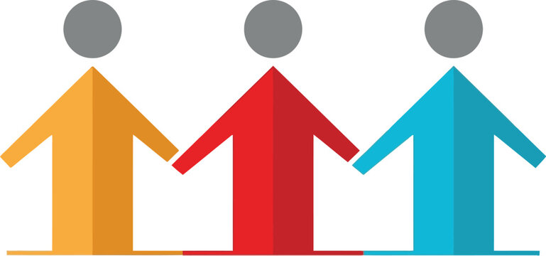 Three colorful stylized figures joined together representing teamwork and unity in this clean graphic design image