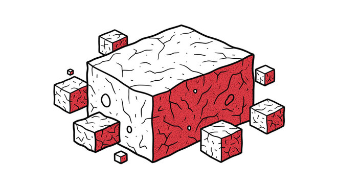Isometric illustration of a large textured white and red cube surrounded by several smaller floating cubes breaking away from it.