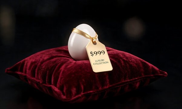 An elegant luxury collection egg, adorned with a golden ribbon and high price tag, resting on a rich red velvet cushion, symbolizing exclusivity and premium value