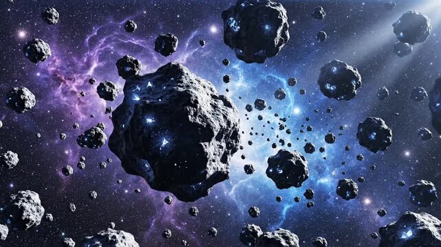 Dynamic Space Scene Depicting Asteroids Amidst Nebulae and Starry Backgrounds in Various Perspectives