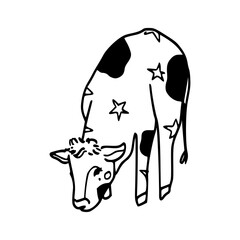 minimalist line art of a grazing cow with stars drawing © Zen20