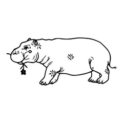 Fototapeta premium cute hippopotamus holding a flower illustration in line art style