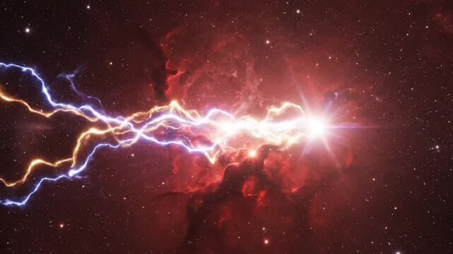 dynamic cosmic lightning strikes illuminating nebulae in a cosmic storm sequence