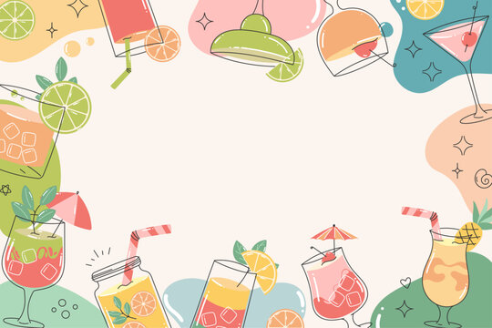 Retro pastel cocktail border composition with colorful summer party drinks