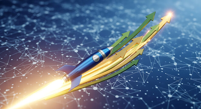 Digital rocket launch representing rapid business growth with glowing upward trending arrows on an abstract blue technology background concept for startup success and corporate financial gain.