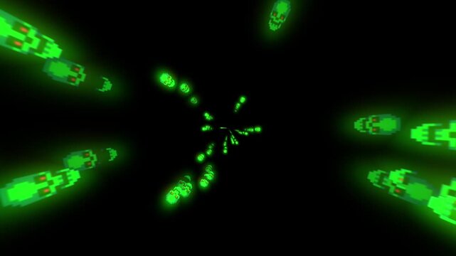 Green glowing pixel art human skull symbols moving up on black screen