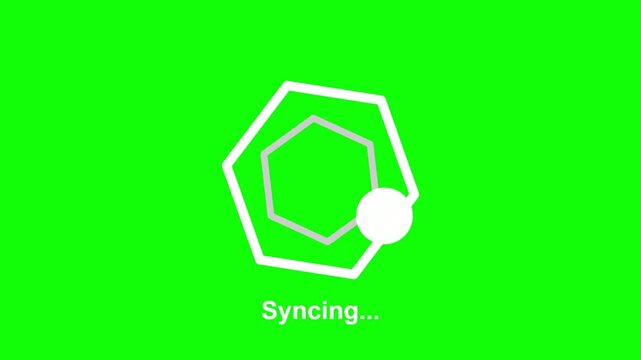 A futuristic syncing icon on a bright green background with a white hexagon and circle shapes