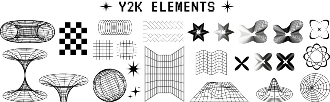 Large Collection of Monochrome Y2K Abstract Wireframe Elements in Retro 2000s Style, Black and Gray Geometric Cyber Shapes on White Background