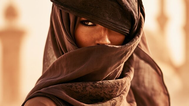 A woman wearing a traditional Middle Eastern headscarf and clothing with a blurred background
