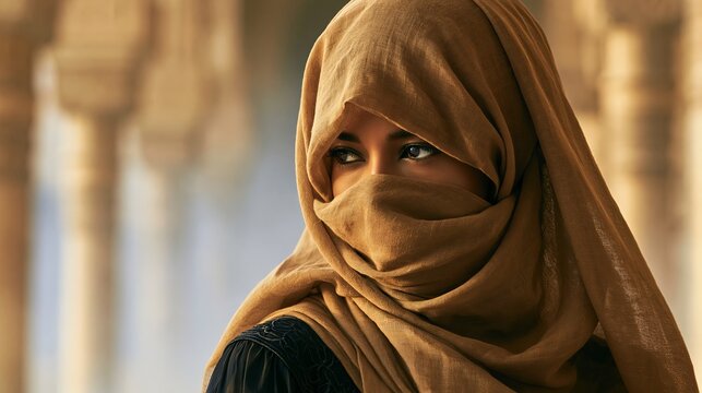 A woman wearing a traditional brown hijab and niqab stands in front of a blurred background