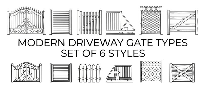 Driveway Gate Types Set: Collection of 6 Modern Entryway Designs, Architectural Icons of Metal, Wood, Security, and Sliding Fence Barriers for Home Security, Property Access Control, and Industrial Fe