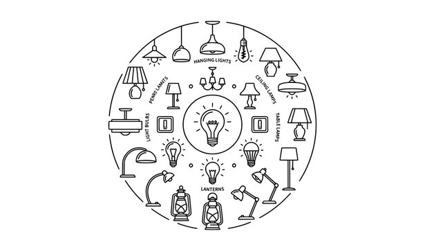 Modern lamp line icons with editable lighting and illumination vector design