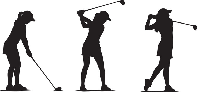 Black silhouettes of a woman playing golf showing different stages of a swing motion including address backswing and follow through on a simple field