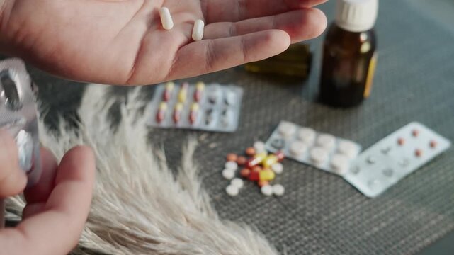 Cough and headache as symptoms of a cold or other respiratory illness. Treatment for the virus with tablets and capsules containing medication. Vitamins and immune system support. World medicine.