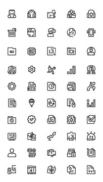 Set of black line icons for business and technology including document symbols user profiles gear settings and data charts for web design and digital interface