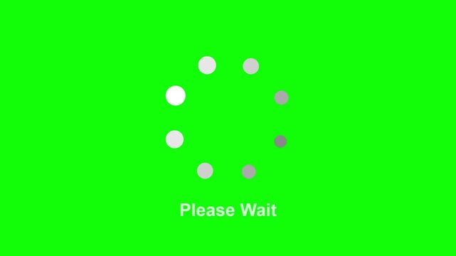 A loading animation of white dots on a green background says Please Wait