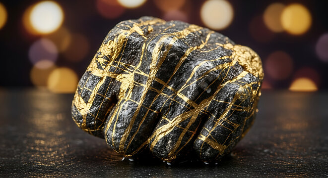 Detailed macro shot of a raw natural gold ore nugget featuring gleaming metallic vein patterns embedded within a rugged mineral stone surface resting upon a dark moist background.