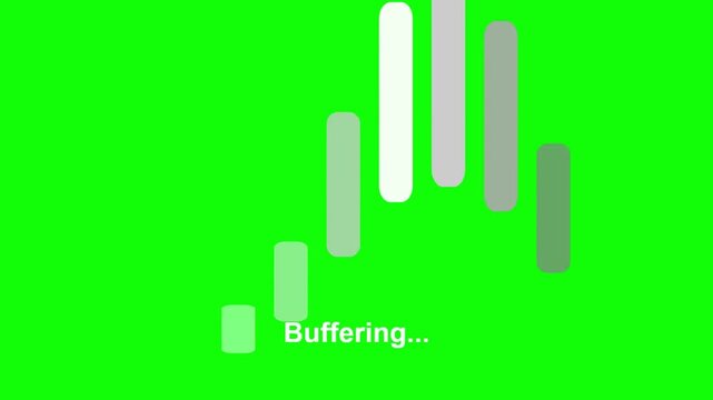 A buffering animation displays a series of vertical bars on a green background