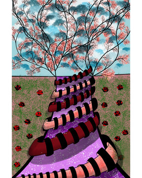 The DNA of Spring: A surrealist conceptual landscape showing a twisted ribbon structure growing into a blossoming tree