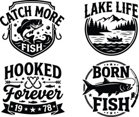 Obraz premium Assortment of four Specialized fishing themed vector logo designs with Clear Elaborate monochromatic Structure Approach.