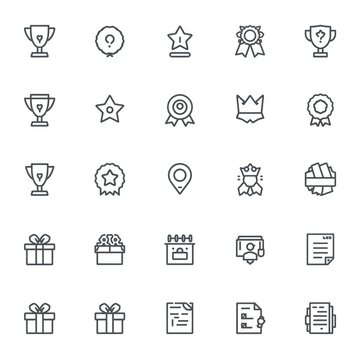 Set of simple thin line vector icons representing awards trophies medals crowns gifts and documents for business and achievement concepts