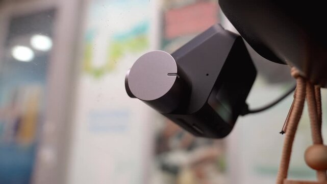Modern car dashcam with a wooden air freshener is mounted on the windshield, capturing the view as raindrops fall and city lights blur in the background, ensuring road safety and surveillance