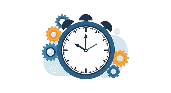 Alarm clock with gears illustration on light background minimal design