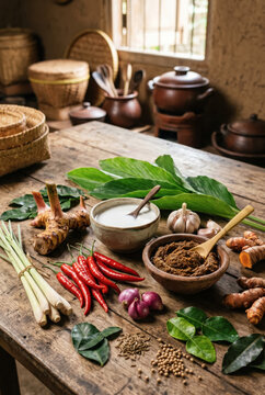 Traditional cooking ingredients arranged on banana leaf in rustic kitchen .generative AI
