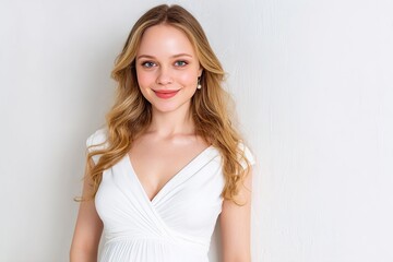 Fototapeta premium A beautiful young woman wearing a white dress and smiling at the camera