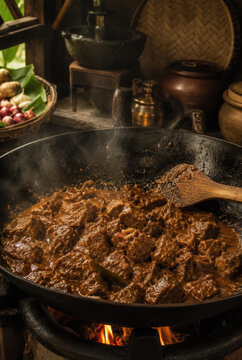 Close up of thick spicy sauce cooking in large pan over flame .generative AI