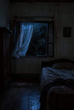 Dark bedroom with blue curtain and empty bed in quiet night .generative AI