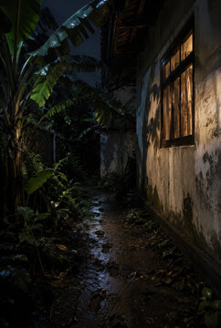 Rain soaked garden alley beside old house at night .generative AI