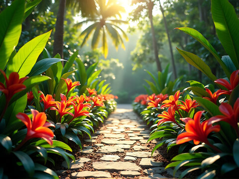 Tropical garden pathway surrounded by colorful ixora flowers in full bloom, sunlight filtering through leaves, vibrant natural scenery, elegant depth and perspective