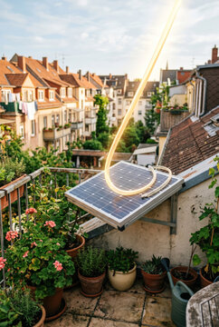 Rooftop terrace with solar panel and potted plants above city houses .generative AI