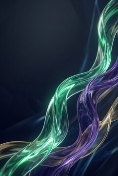 Green and purple light ribbons flowing on dark abstract background .generative AI