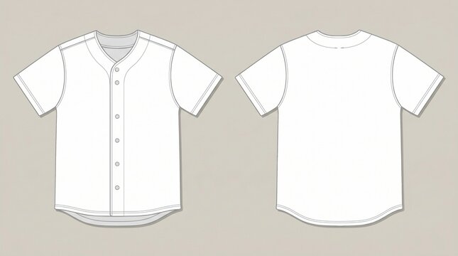 White Baseball Jersey Technical Flat Vector Mockup Front and Back View for Apparel Design, Sports Branding, Team Uniform Tech Packs, and Website Product Listings