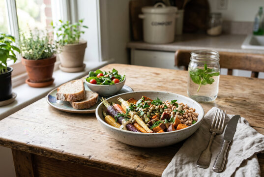 Fresh salad bowl and toast on bright kitchen table with plants .generative AI