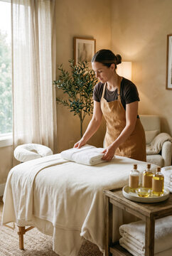 Massage therapist preparing treatment bed in warm wellness room .generative AI
