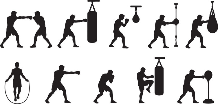 Set of black silhouettes of boxers training in a gym with punching bags and skipping rope for fitness and combat sports collection