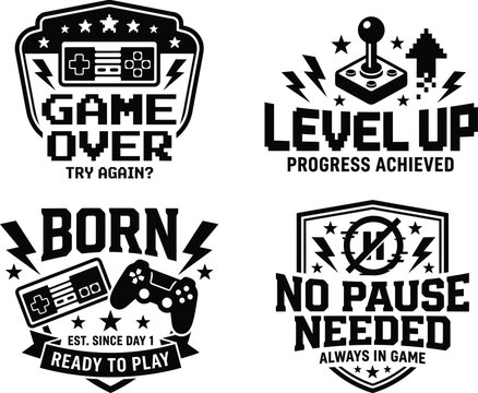 Assortment of four vintage Technique gamer gaming emblem designs with Specialized vector graphics for print merchandise.
