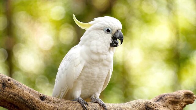 Beautiful white cockatoo perched on tree branch in tropical forest with soft bokeh background and detailed exotic bird portrait