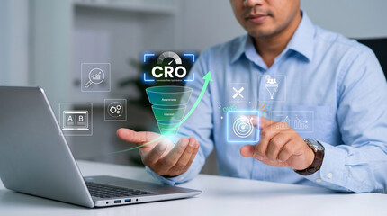 Obraz premium Conversion Rate Optimization, CRO success strategy, digital marketing funnel awareness interest conversion stages, business performance improvement, ROI growth, customer journey metrics visualization