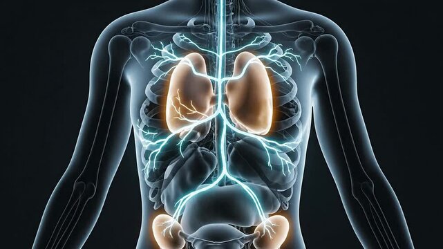 4K Visualization of Transparent Human Body Anatomy Highlighting Organs and Neural Connections for Hormone Diagnosis Concept Against Dark Background