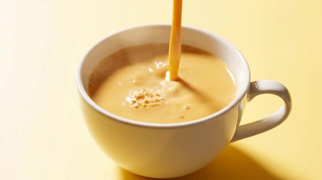A Plain White Cup Filling With Golden Turmeric-Style Hot Drink Against A Soft Yellow Background in 4K Resolution