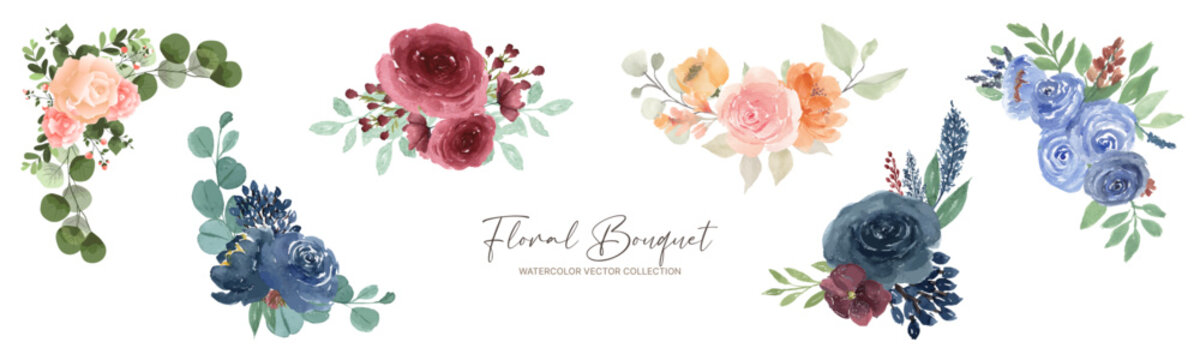 Watercolor floral bouquets and corner elements in soft peach, blush pink, deep red, navy blue, and sky blue, ideal for wedding invitations and graphic design