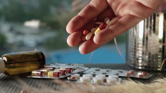 Cough and headache as symptoms of a cold or other respiratory illness. Treatment for the virus with tablets and capsules containing medication. Vitamins and immune system support. World medicine.