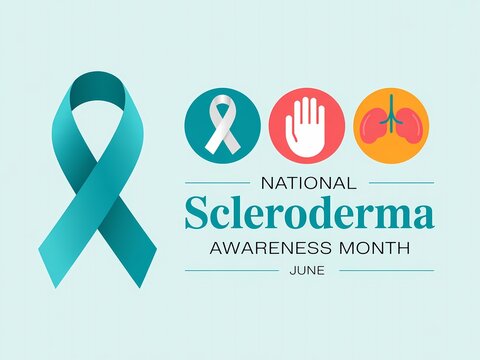 National scleroderma awareness month june concept with teal ribbon and medical icons